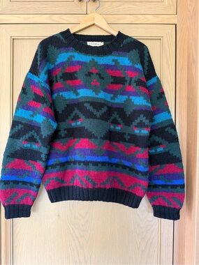 Vintage L.L. Bean Multicolor Patterned Crewneck Sweater Aztec Pure Wool / XLG